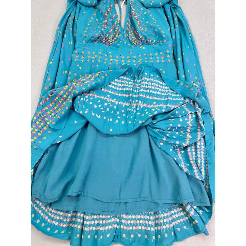 Free People Coryn Mini Dress Cherry Print Teal Blue Green Cut Out Pleated Size 4 - Picture 5 of 12